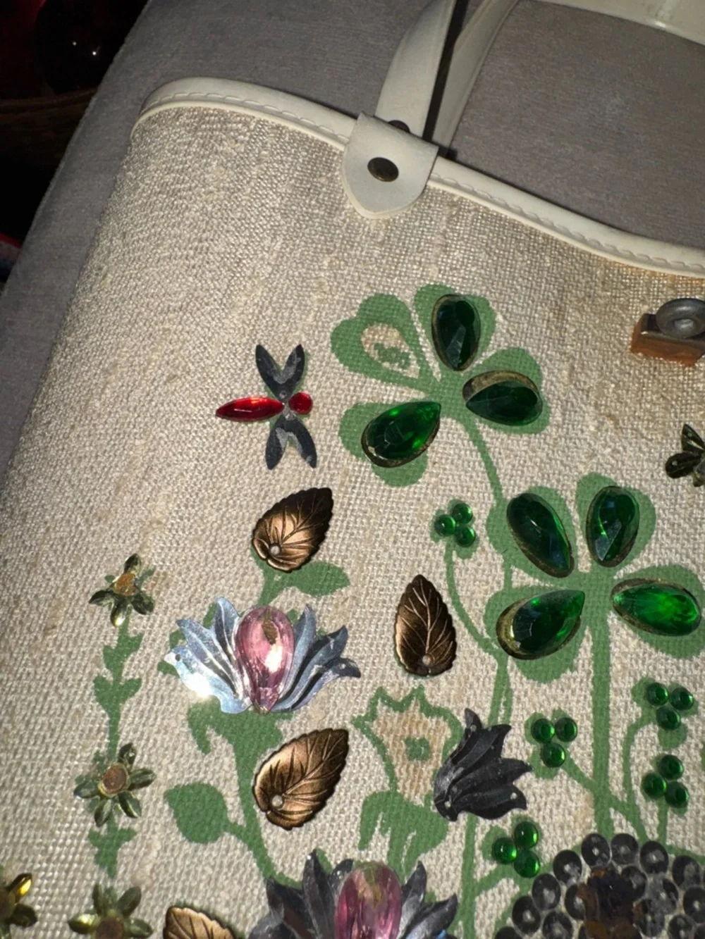 Vintage Cream Tote with Green Floral Appliqué and Jewel Accents - Picture 12 of 12